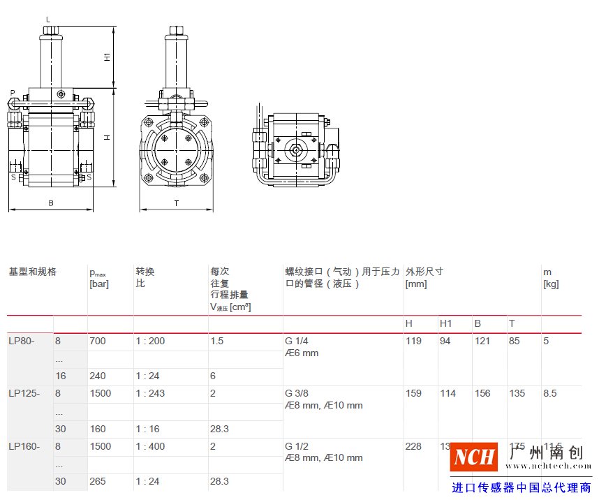 哈威 (HAWE)  LP 型氣動操縱液壓泵主要參數和尺寸